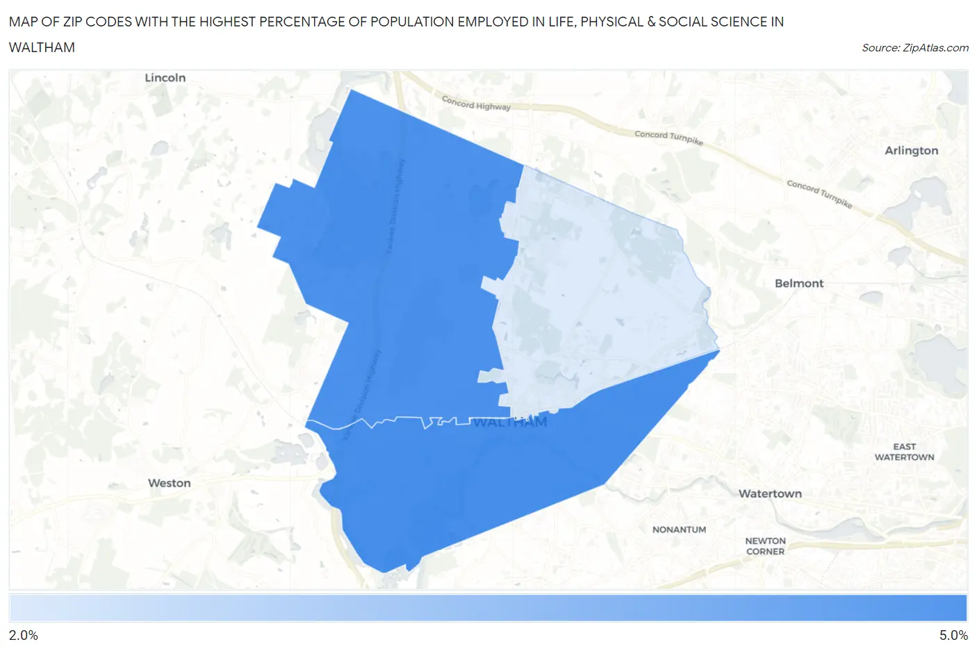 Zip Codes with the Highest Percentage of Population Employed in Life, Physical & Social Science in Waltham Map
