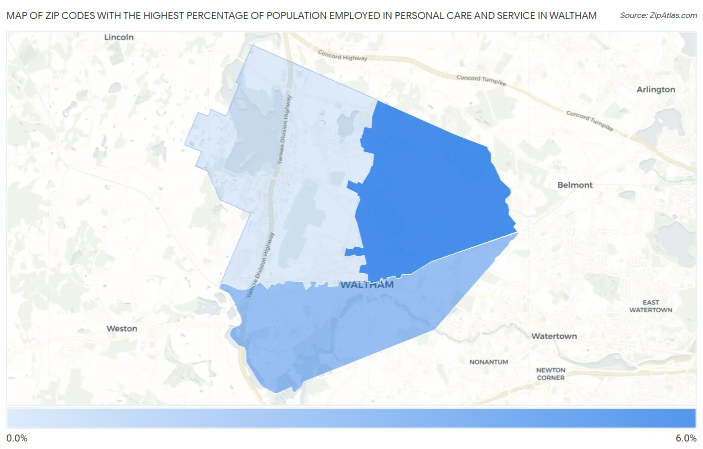 Zip Codes with the Highest Percentage of Population Employed in Personal Care and Service in Waltham Map