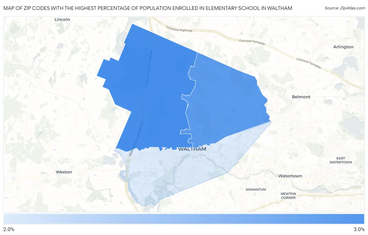 Zip Codes with the Highest Percentage of Population Enrolled in Elementary School in Waltham Map