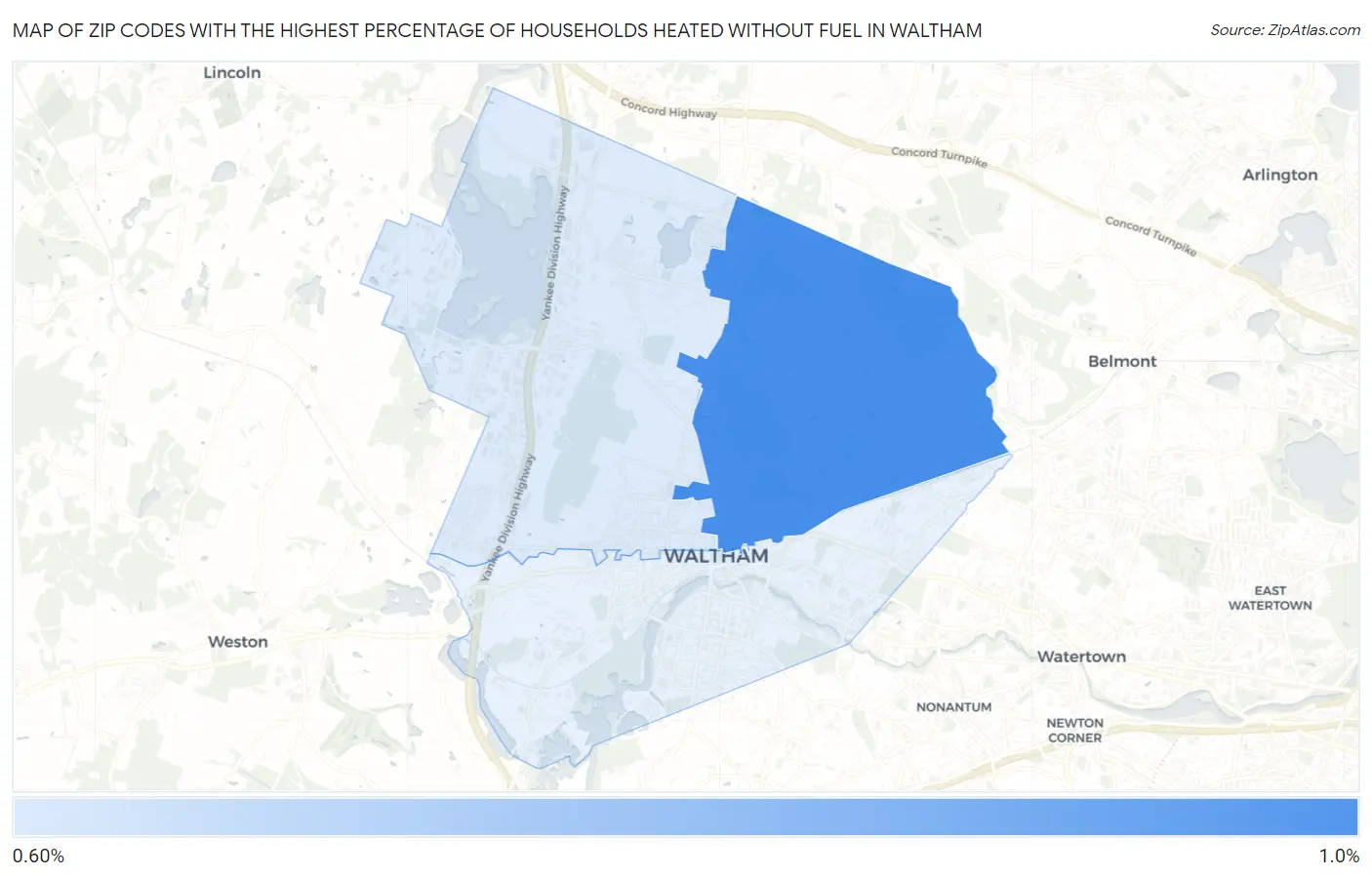 Zip Codes with the Highest Percentage of Households Heated without Fuel in Waltham Map