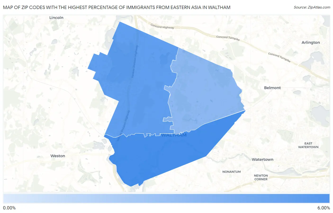 Zip Codes with the Highest Percentage of Immigrants from Eastern Asia in Waltham Map