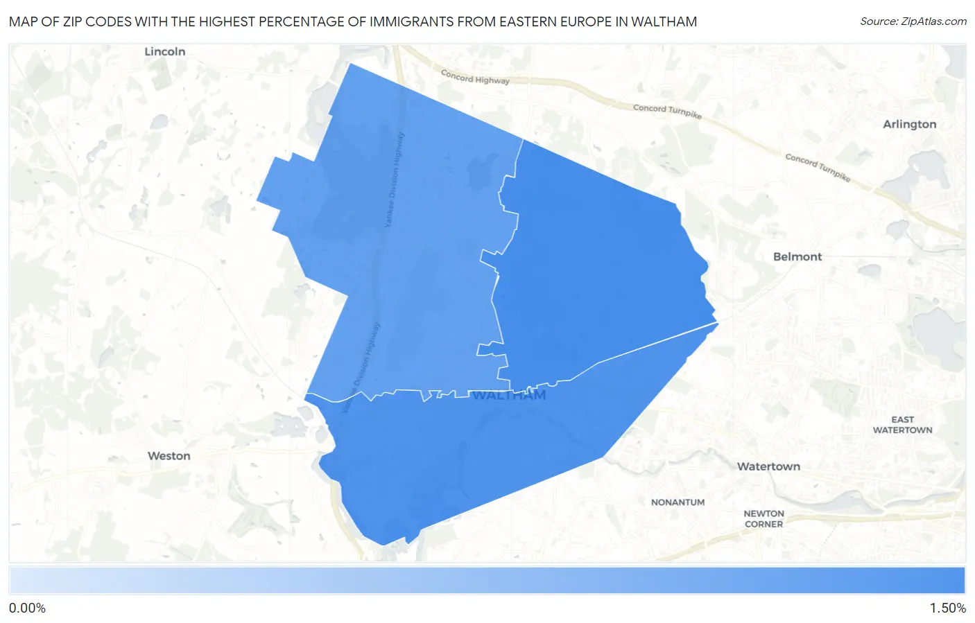 Zip Codes with the Highest Percentage of Immigrants from Eastern Europe in Waltham Map