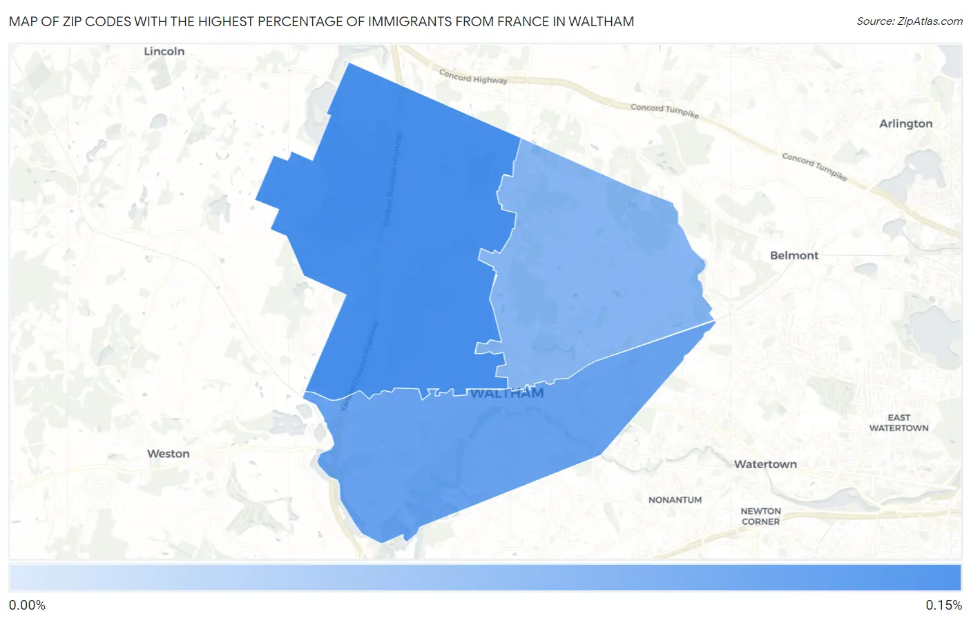 Zip Codes with the Highest Percentage of Immigrants from France in Waltham Map