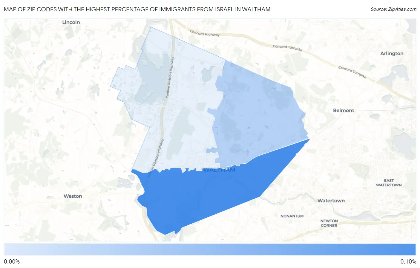Zip Codes with the Highest Percentage of Immigrants from Israel in Waltham Map