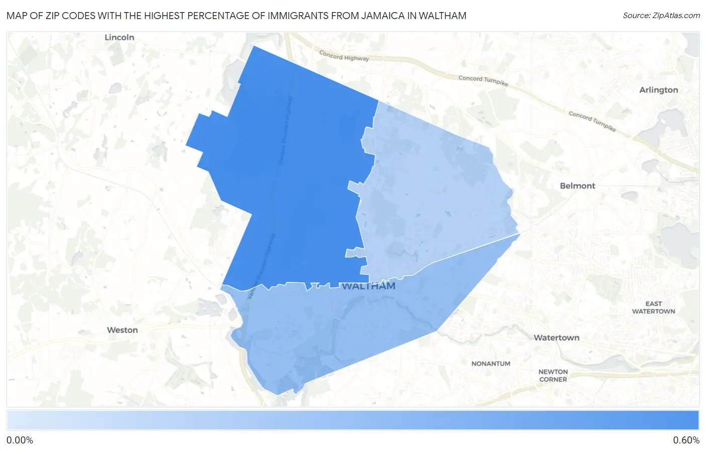 Zip Codes with the Highest Percentage of Immigrants from Jamaica in Waltham Map