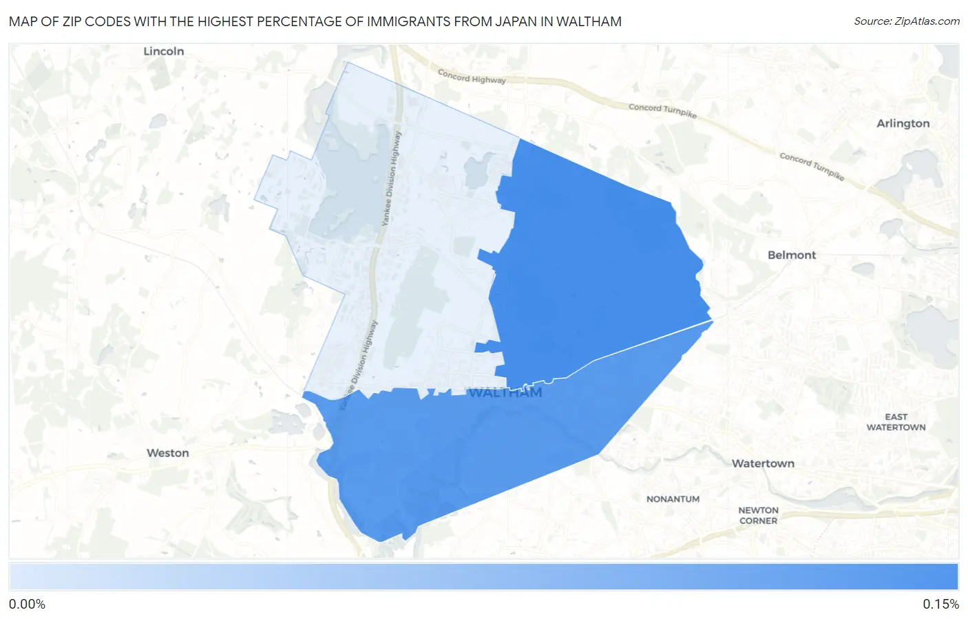 Zip Codes with the Highest Percentage of Immigrants from Japan in Waltham Map