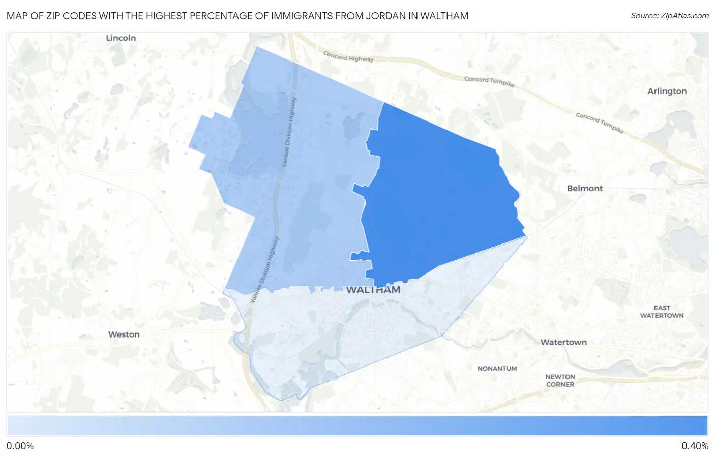 Zip Codes with the Highest Percentage of Immigrants from Jordan in Waltham Map