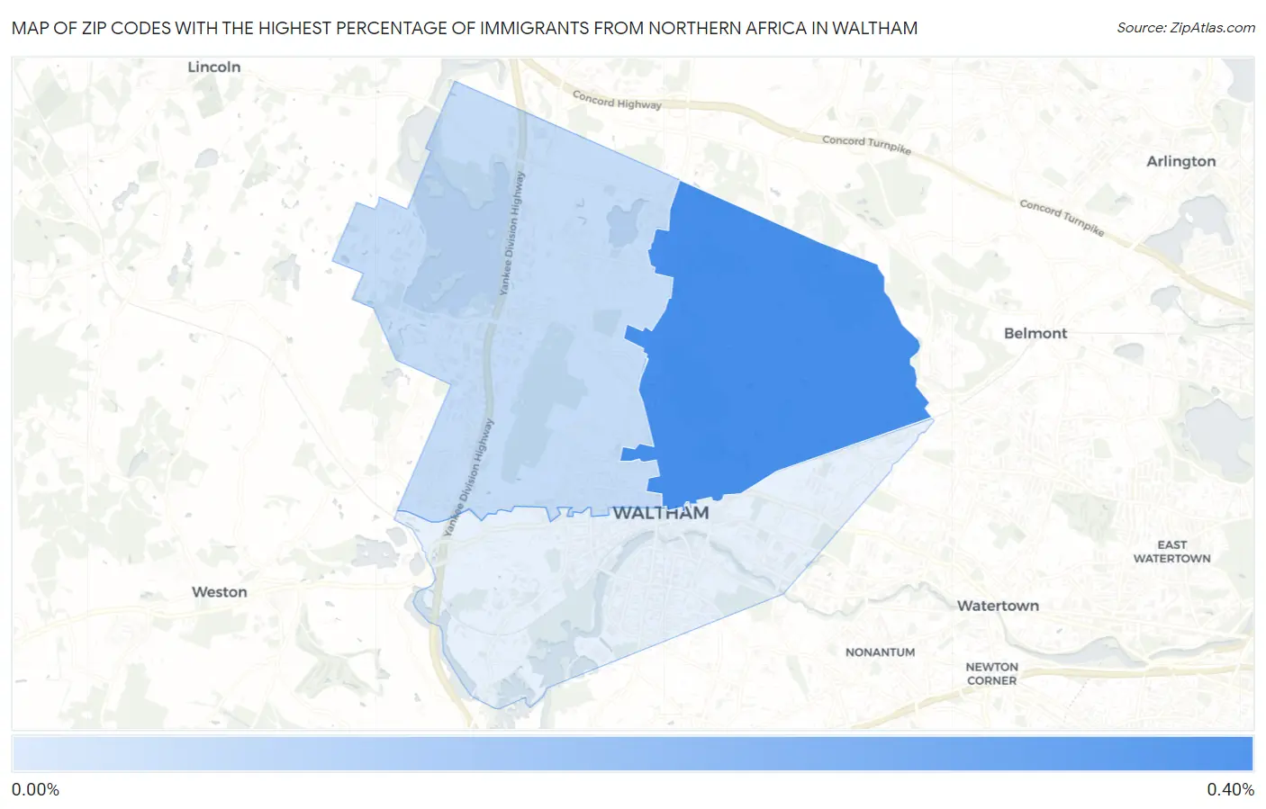 Zip Codes with the Highest Percentage of Immigrants from Northern Africa in Waltham Map