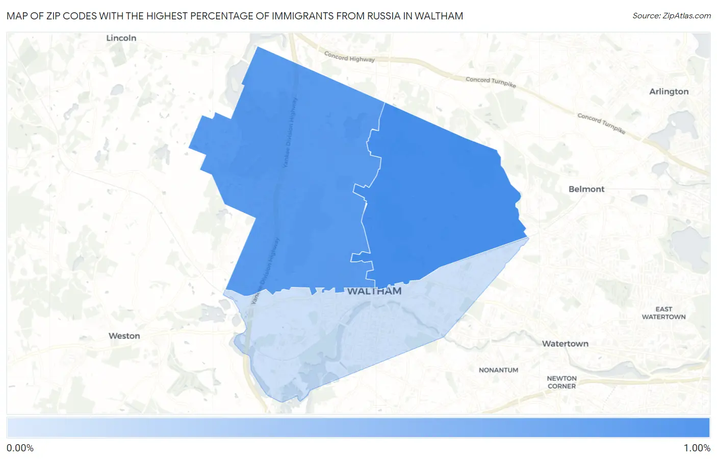 Zip Codes with the Highest Percentage of Immigrants from Russia in Waltham Map