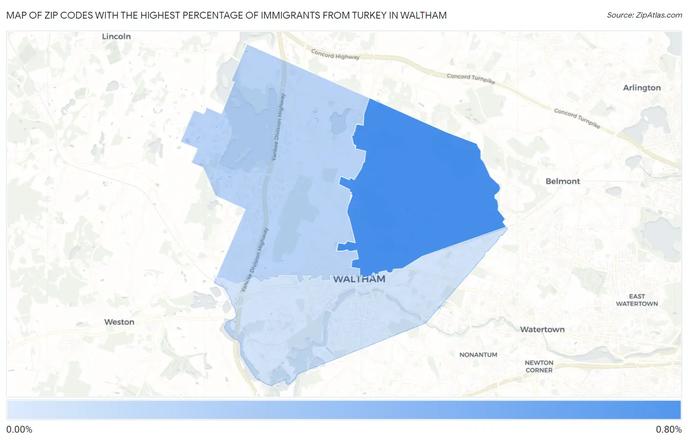 Zip Codes with the Highest Percentage of Immigrants from Turkey in Waltham Map
