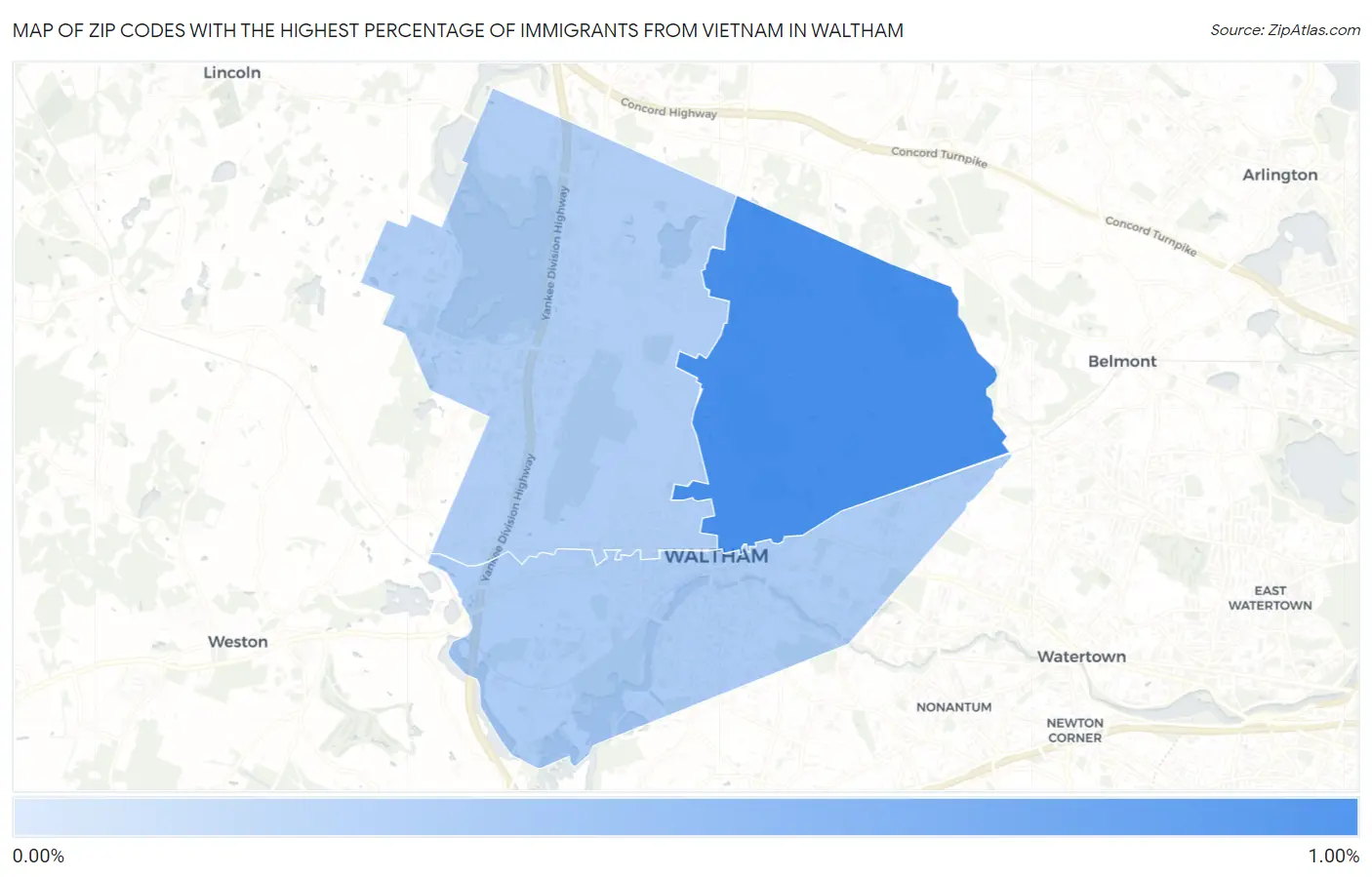 Zip Codes with the Highest Percentage of Immigrants from Vietnam in Waltham Map