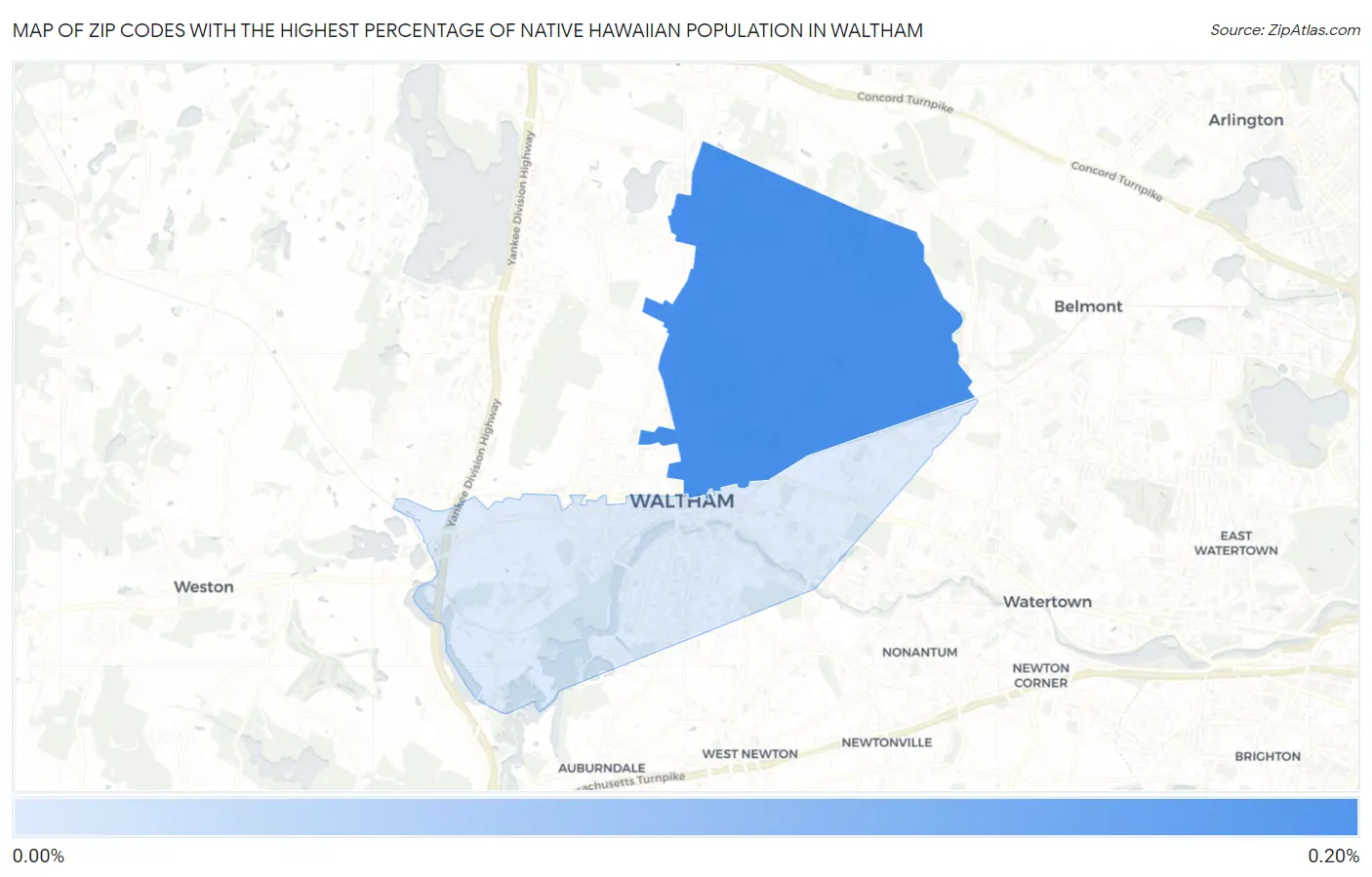 Zip Codes with the Highest Percentage of Native Hawaiian Population in Waltham Map