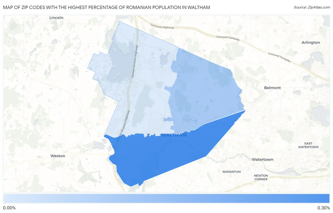 Zip Codes with the Highest Percentage of Romanian Population in Waltham Map