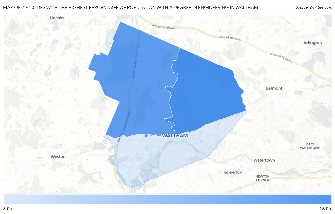Zip Codes with the Highest Percentage of Population with a Degree in Engineering in Waltham Map
