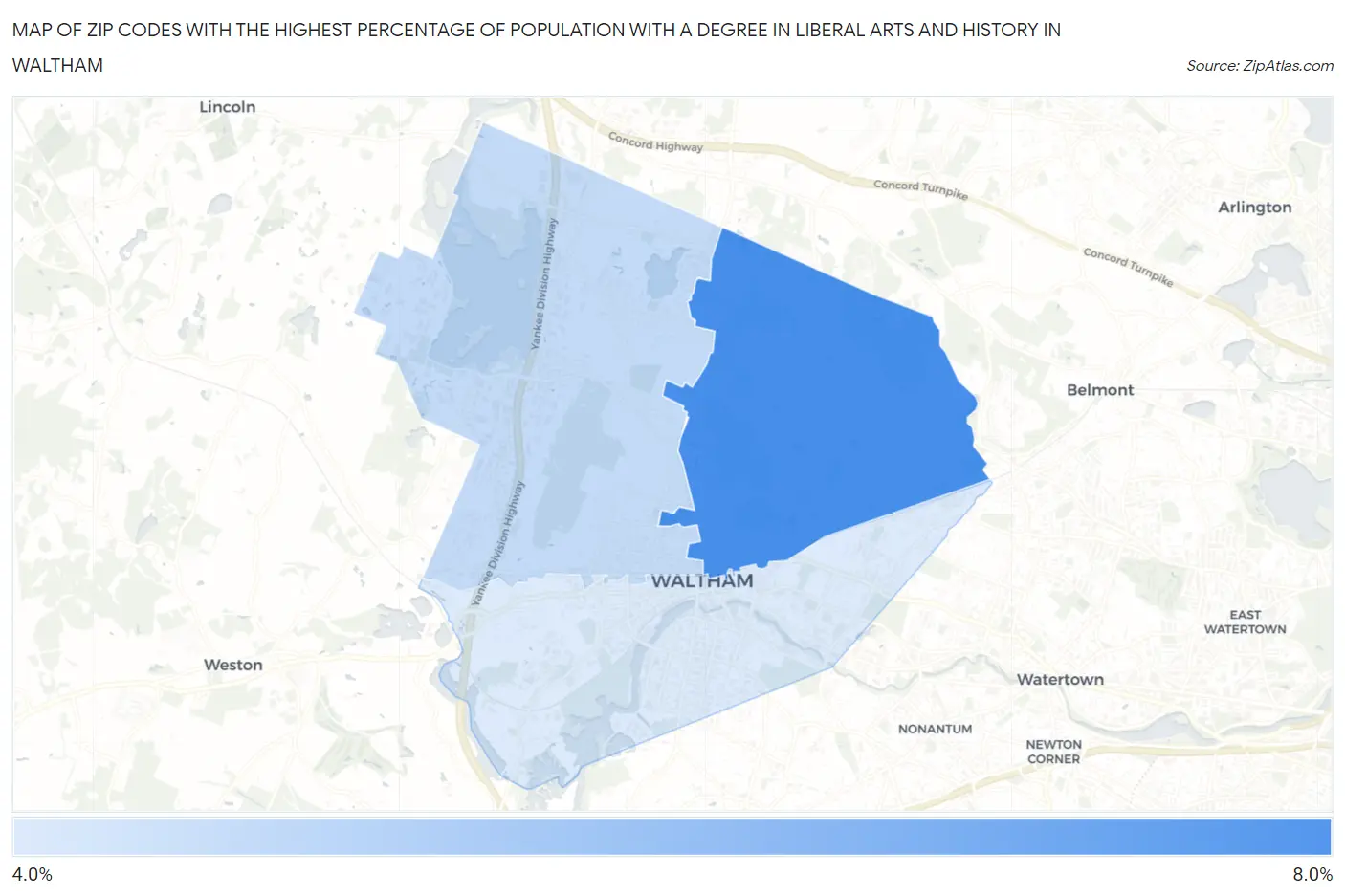 Zip Codes with the Highest Percentage of Population with a Degree in Liberal Arts and History in Waltham Map