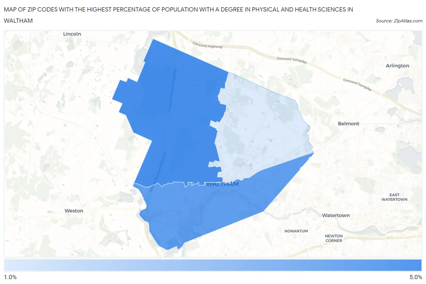 Zip Codes with the Highest Percentage of Population with a Degree in Physical and Health Sciences in Waltham Map