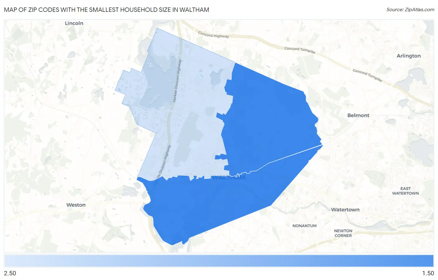 Zip Codes with the Smallest Household Size in Waltham Map