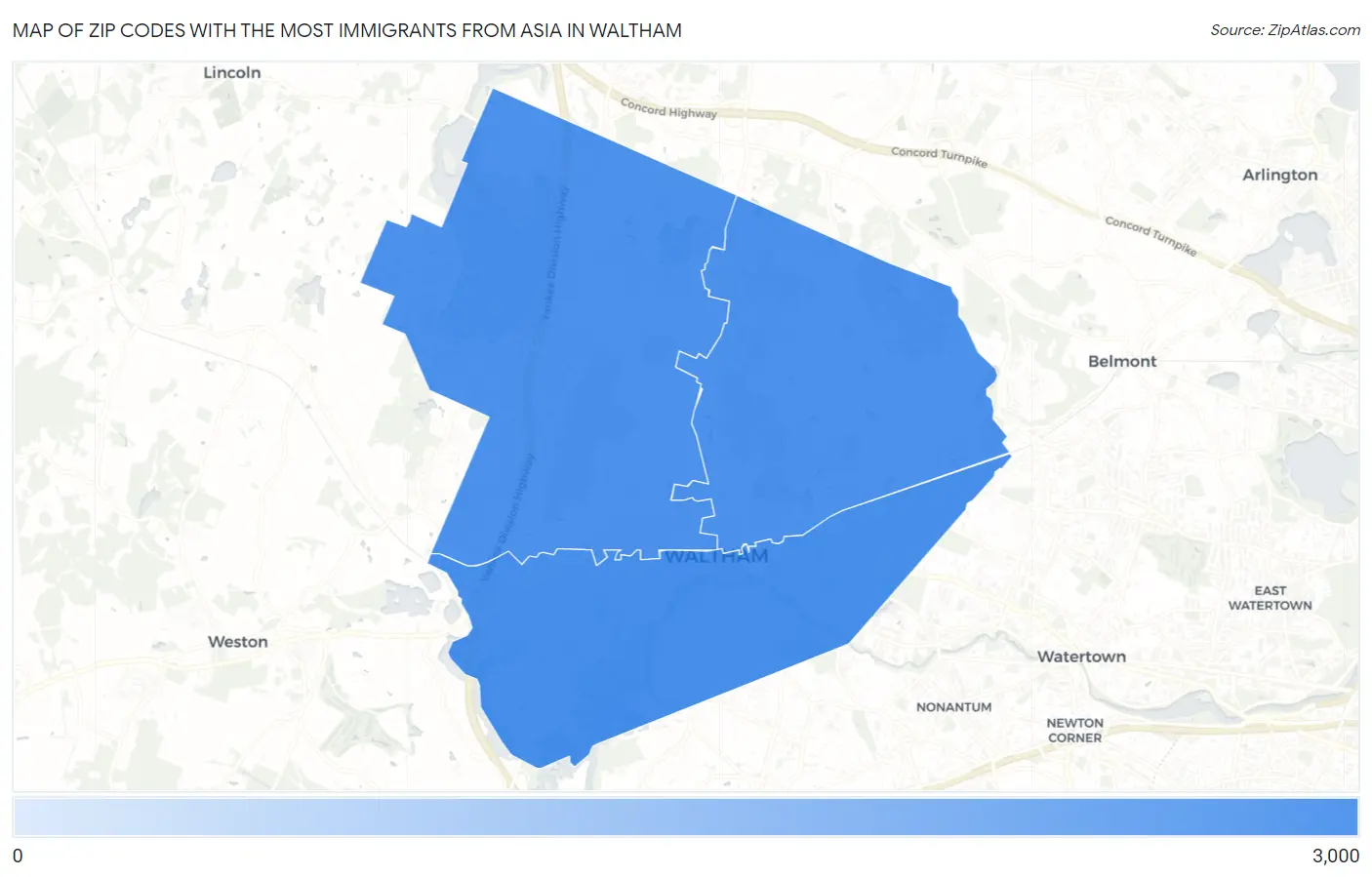Zip Codes with the Most Immigrants from Asia in Waltham Map