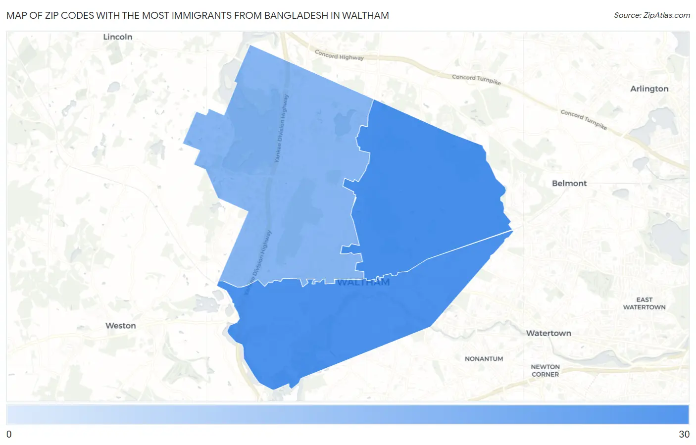 Zip Codes with the Most Immigrants from Bangladesh in Waltham Map
