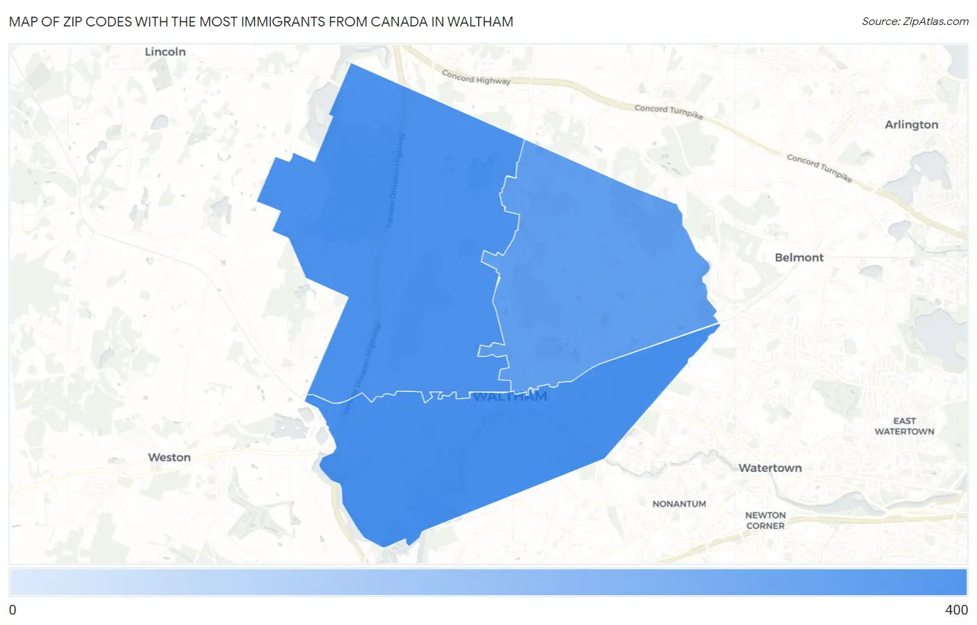 Zip Codes with the Most Immigrants from Canada in Waltham Map