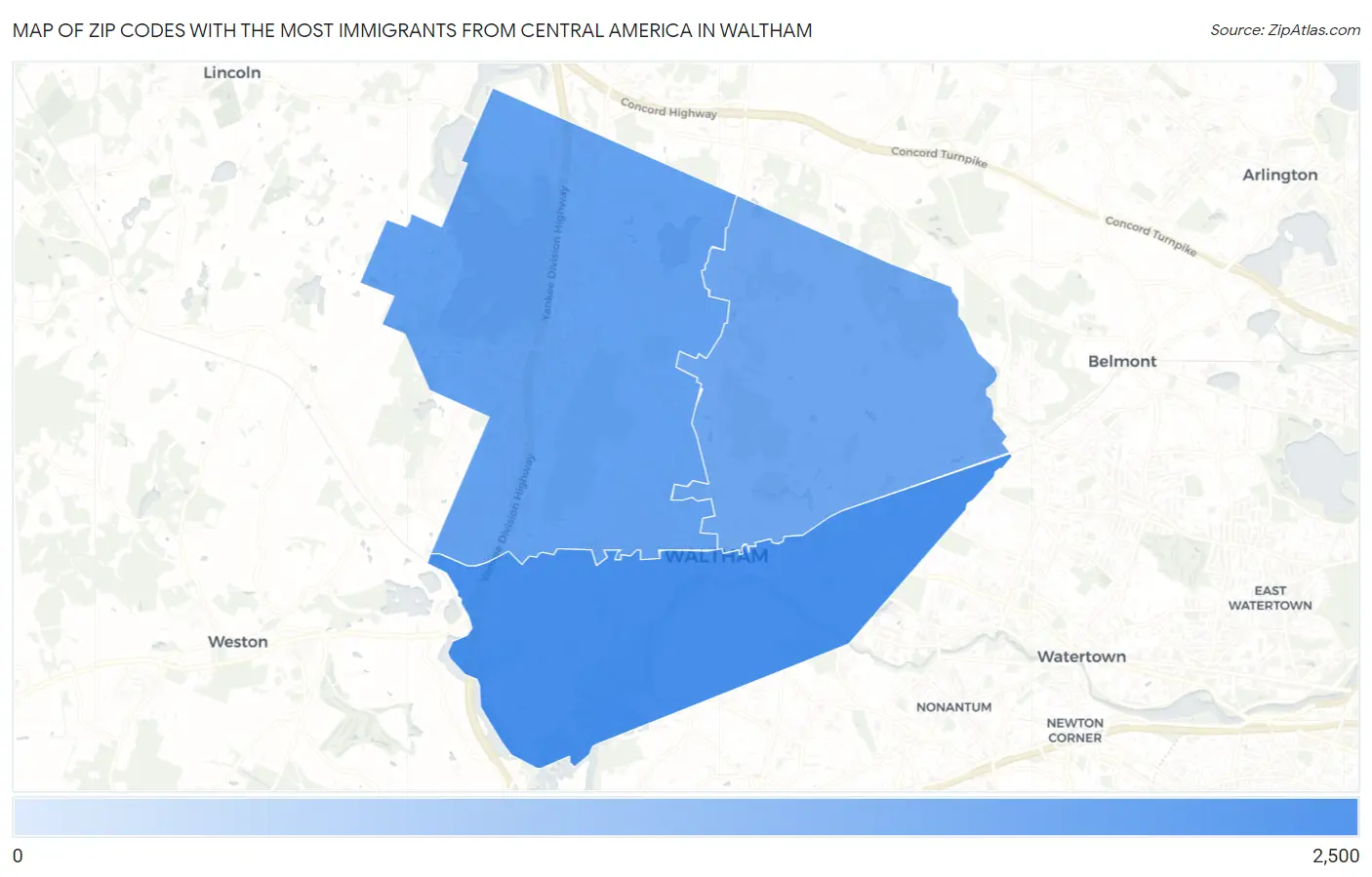 Zip Codes with the Most Immigrants from Central America in Waltham Map