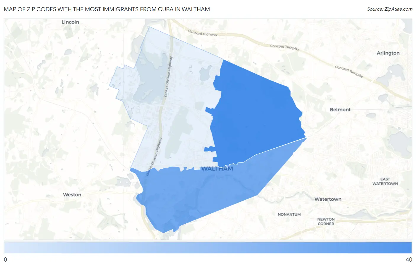 Zip Codes with the Most Immigrants from Cuba in Waltham Map