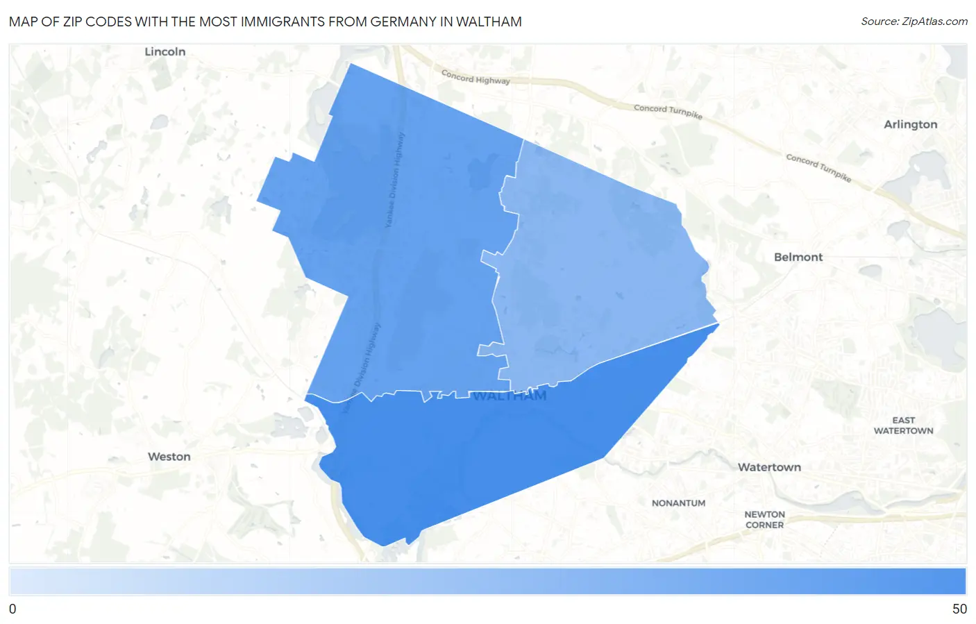 Zip Codes with the Most Immigrants from Germany in Waltham Map