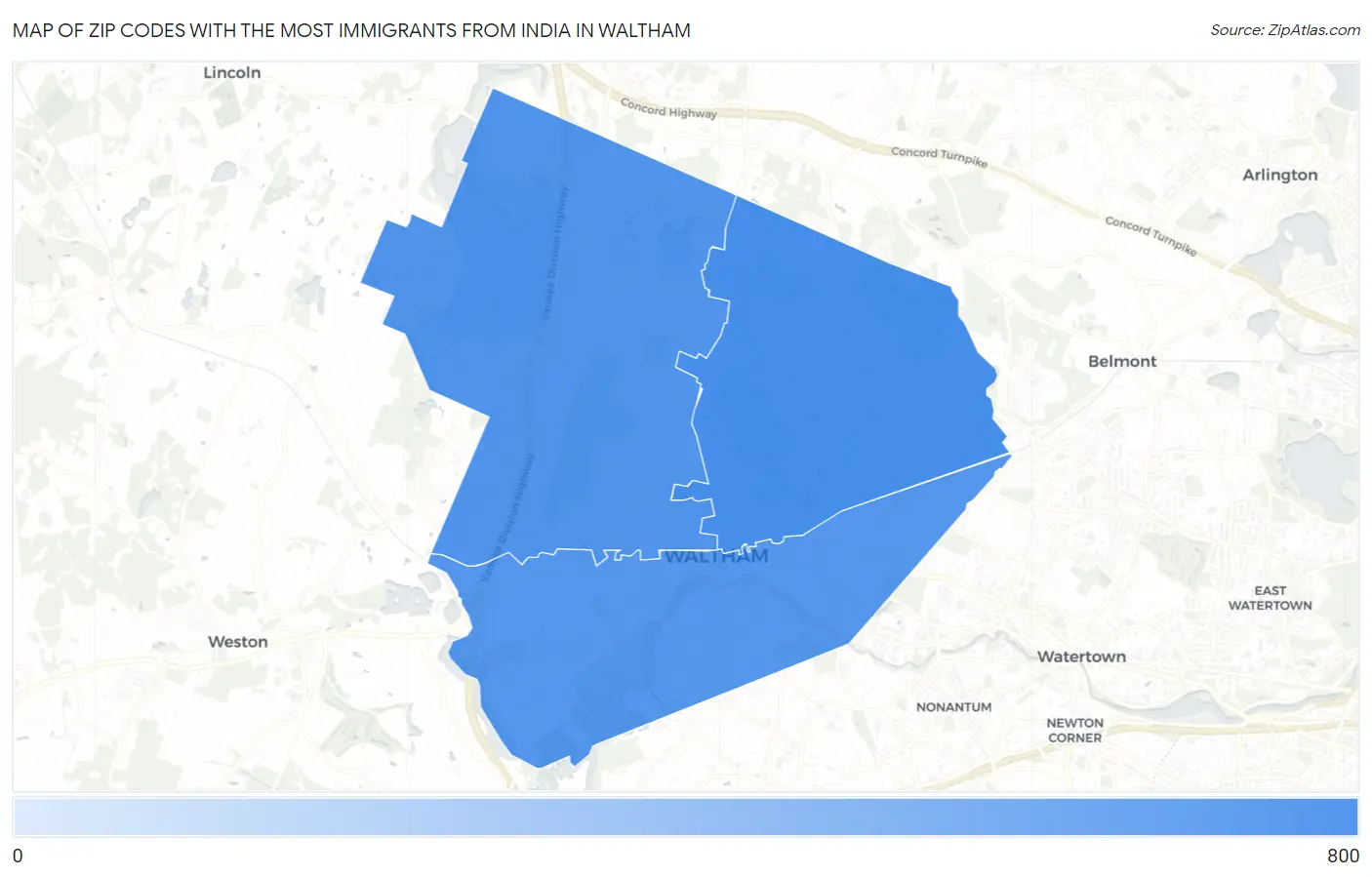 Zip Codes with the Most Immigrants from India in Waltham Map
