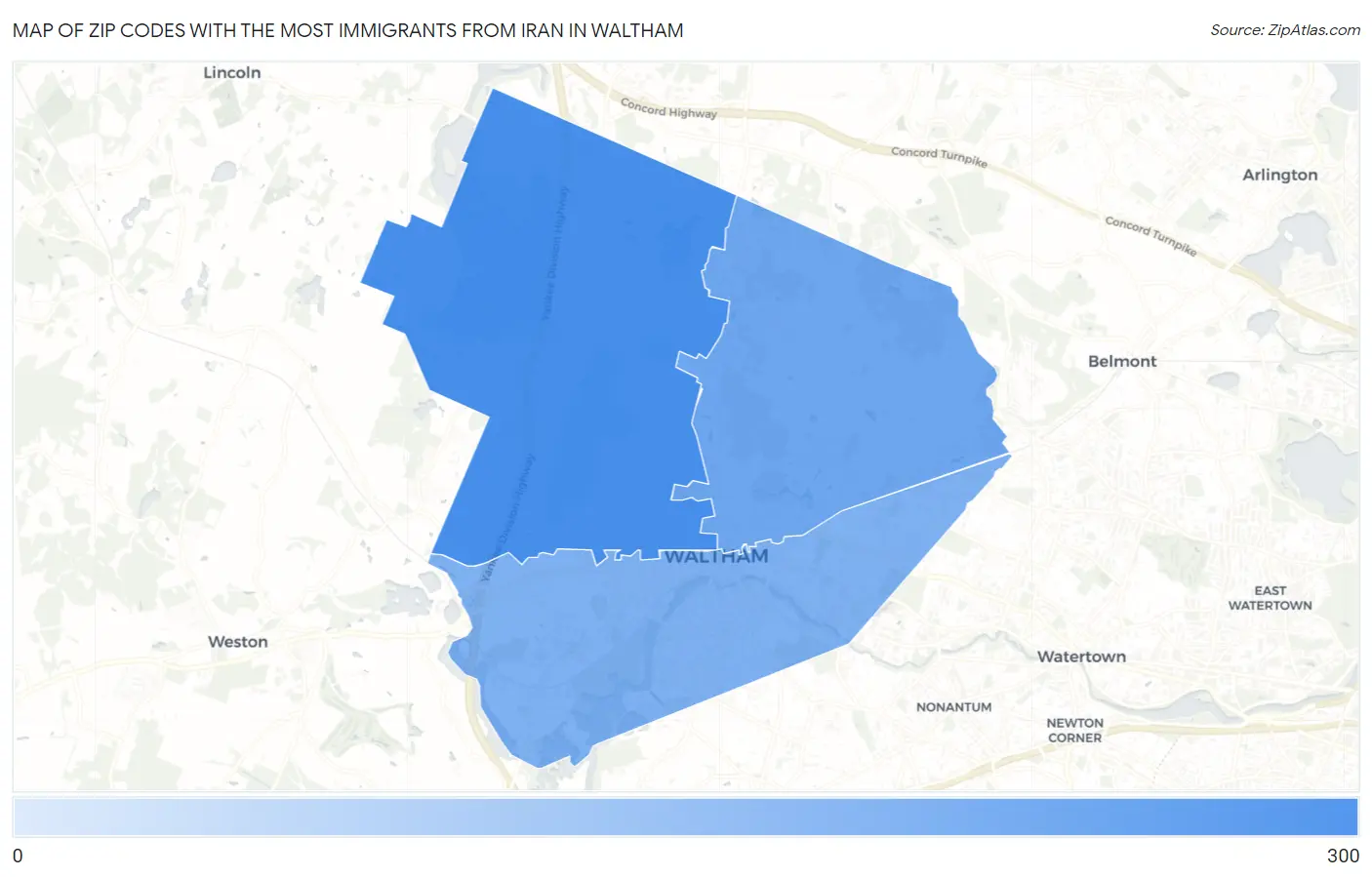 Zip Codes with the Most Immigrants from Iran in Waltham Map