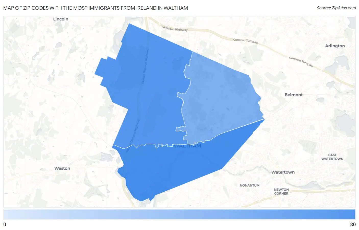 Zip Codes with the Most Immigrants from Ireland in Waltham Map