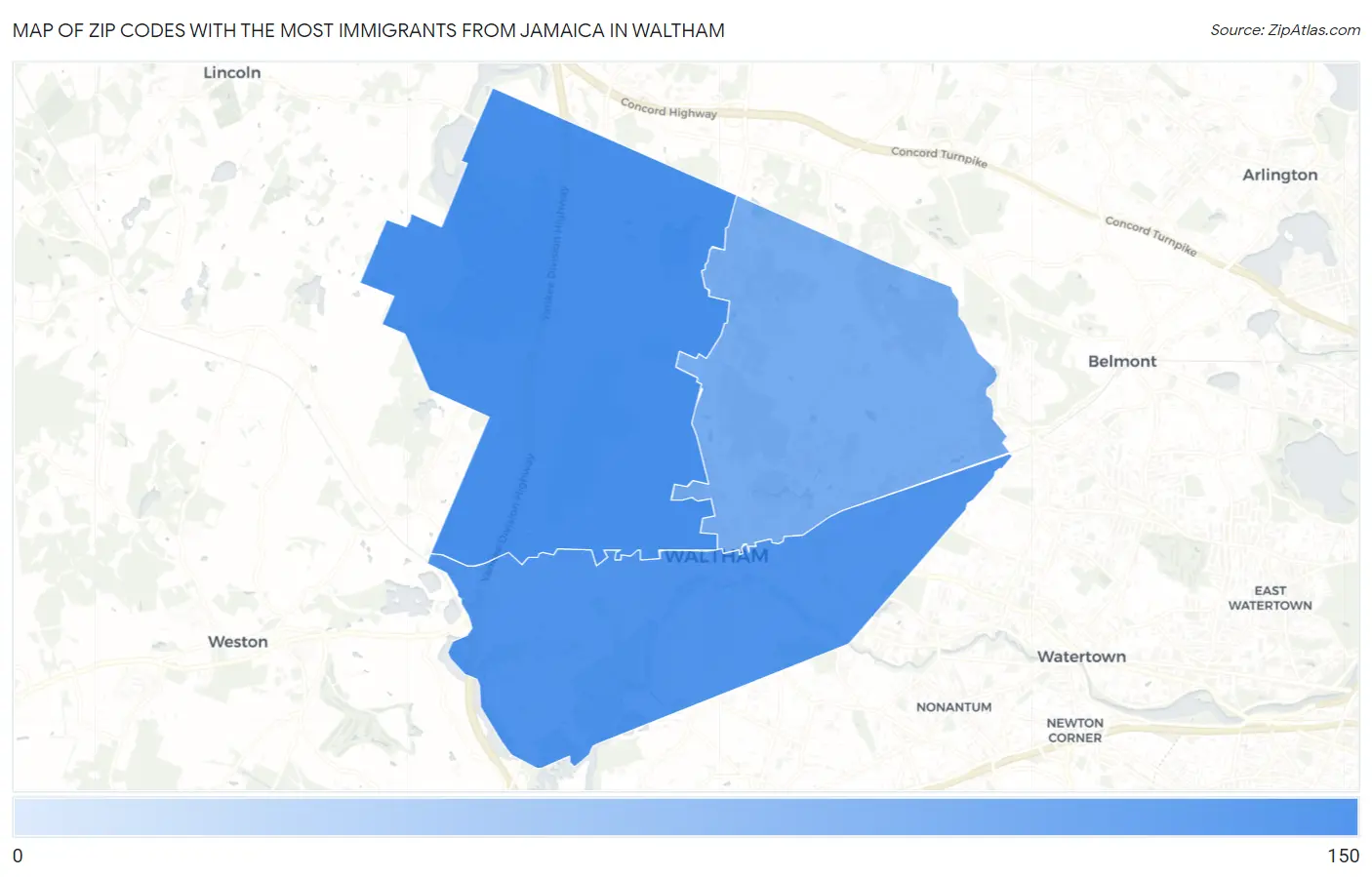 Zip Codes with the Most Immigrants from Jamaica in Waltham Map