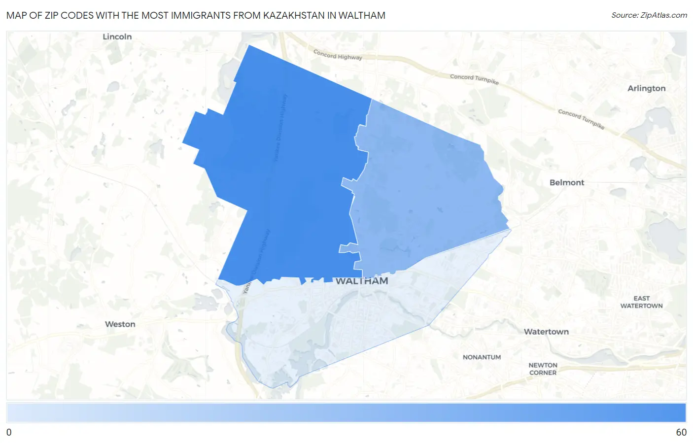 Zip Codes with the Most Immigrants from Kazakhstan in Waltham Map