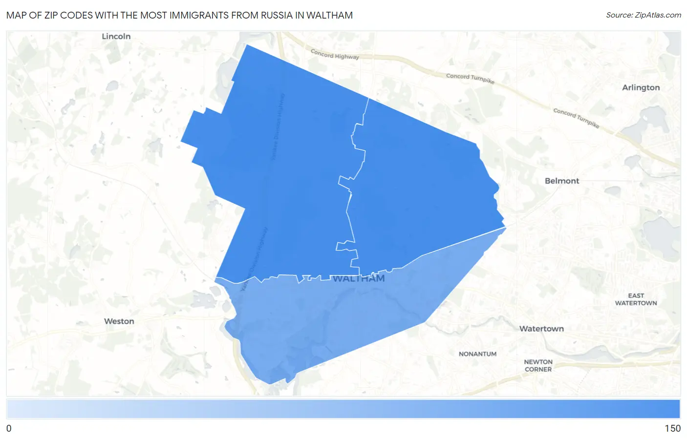 Zip Codes with the Most Immigrants from Russia in Waltham Map