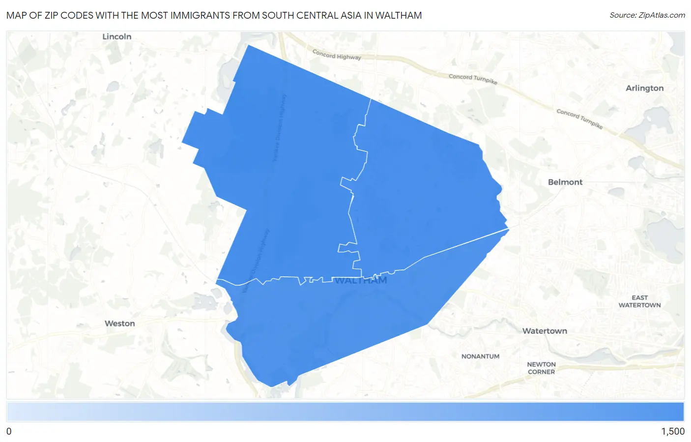 Zip Codes with the Most Immigrants from South Central Asia in Waltham Map