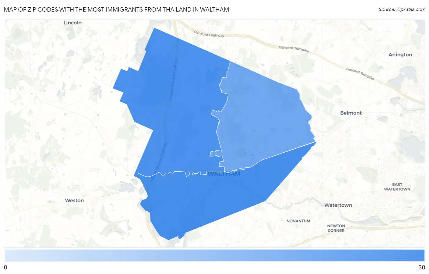 Zip Codes with the Most Immigrants from Thailand in Waltham Map