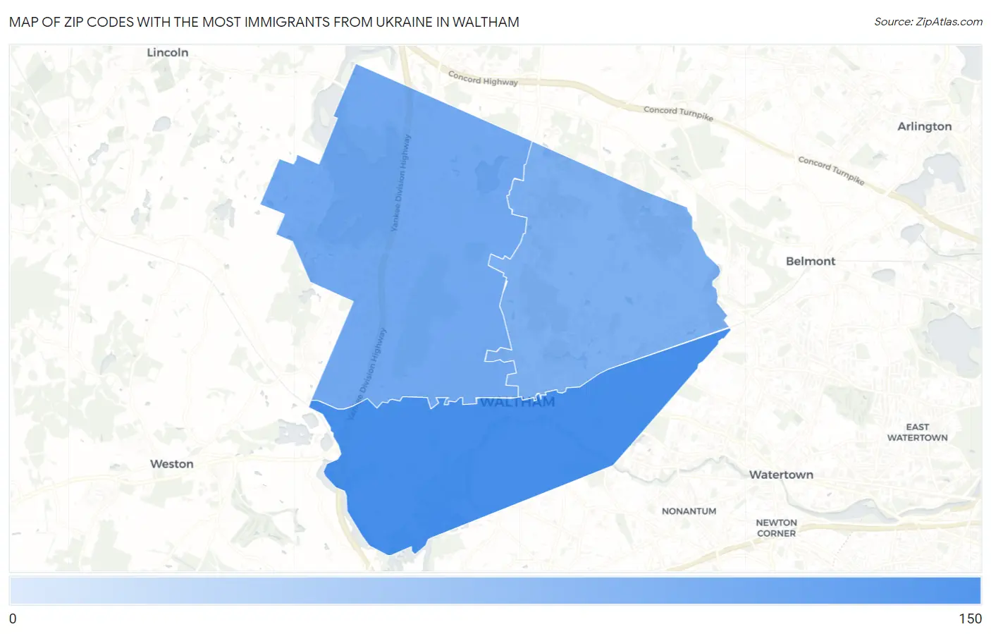 Zip Codes with the Most Immigrants from Ukraine in Waltham Map