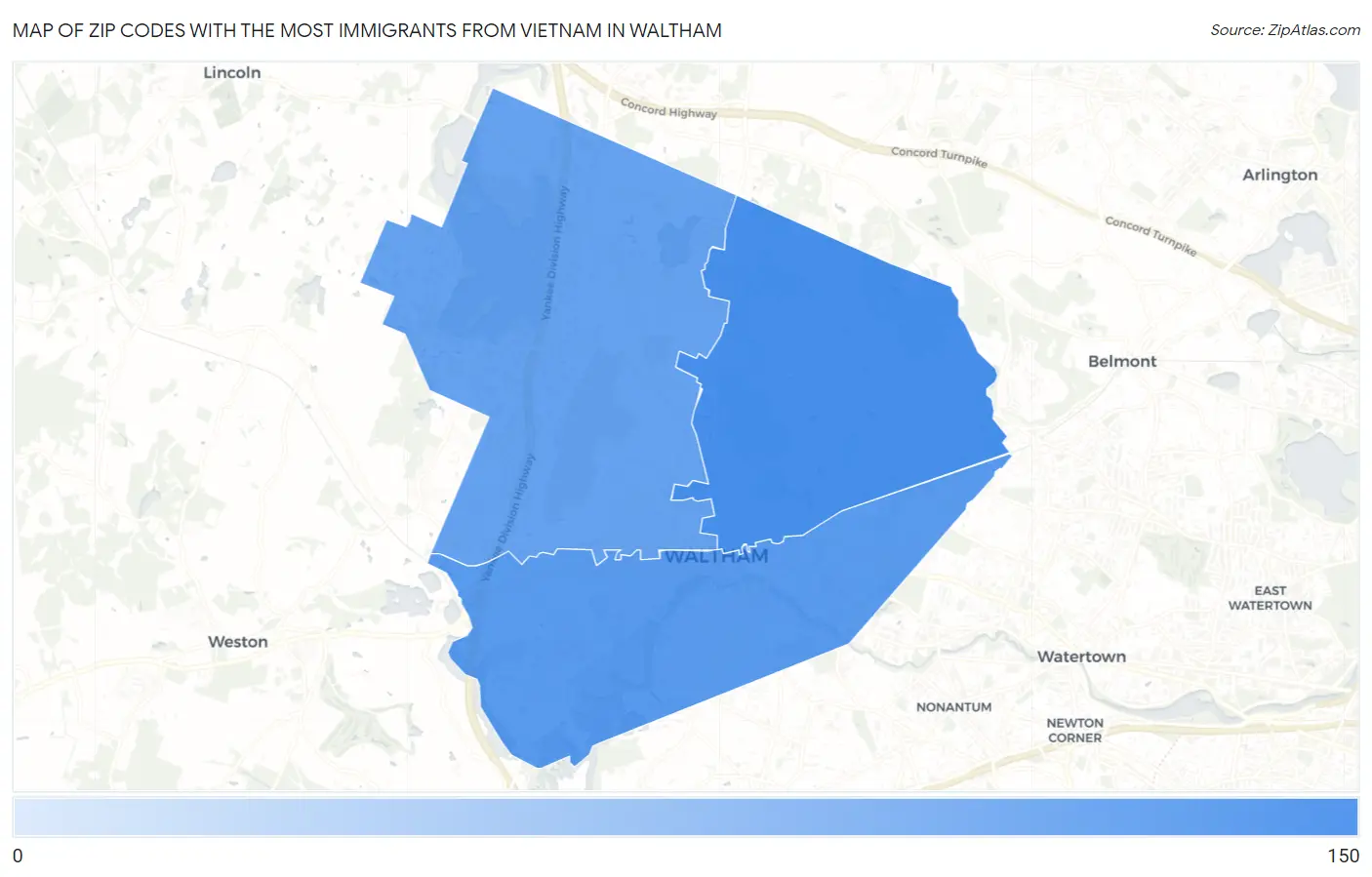 Zip Codes with the Most Immigrants from Vietnam in Waltham Map