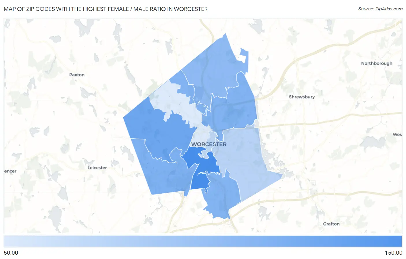 Zip Codes with the Highest Female / Male Ratio in Worcester Map