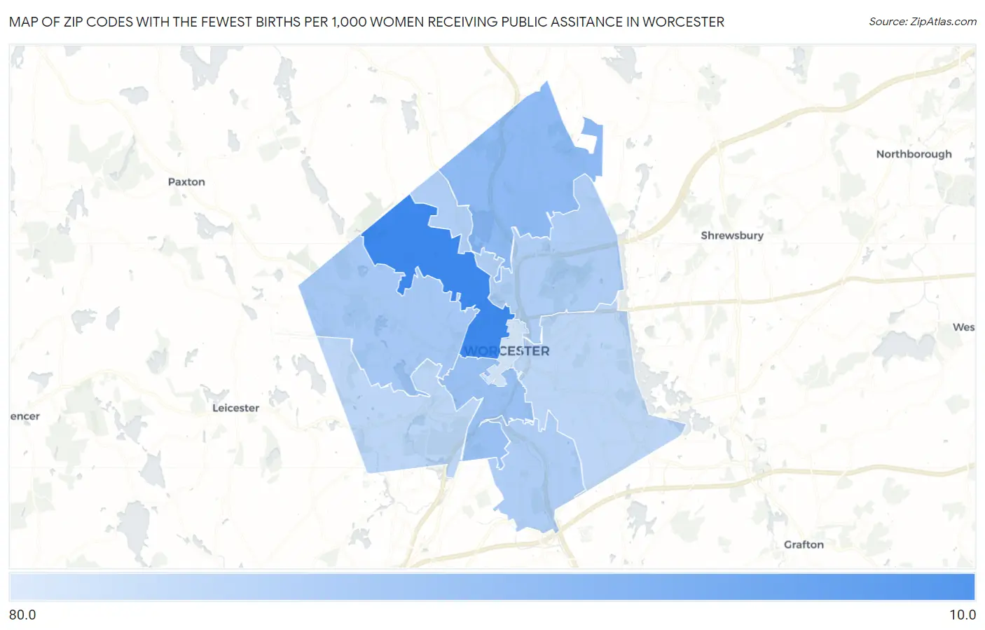 Zip Codes with the Fewest Births per 1,000 Women Receiving Public Assitance in Worcester Map