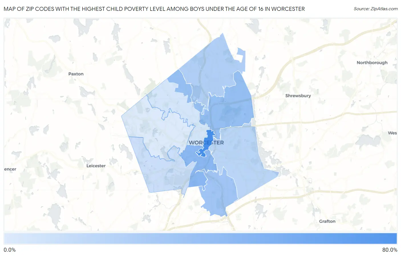Zip Codes with the Highest Child Poverty Level Among Boys Under the Age of 16 in Worcester Map