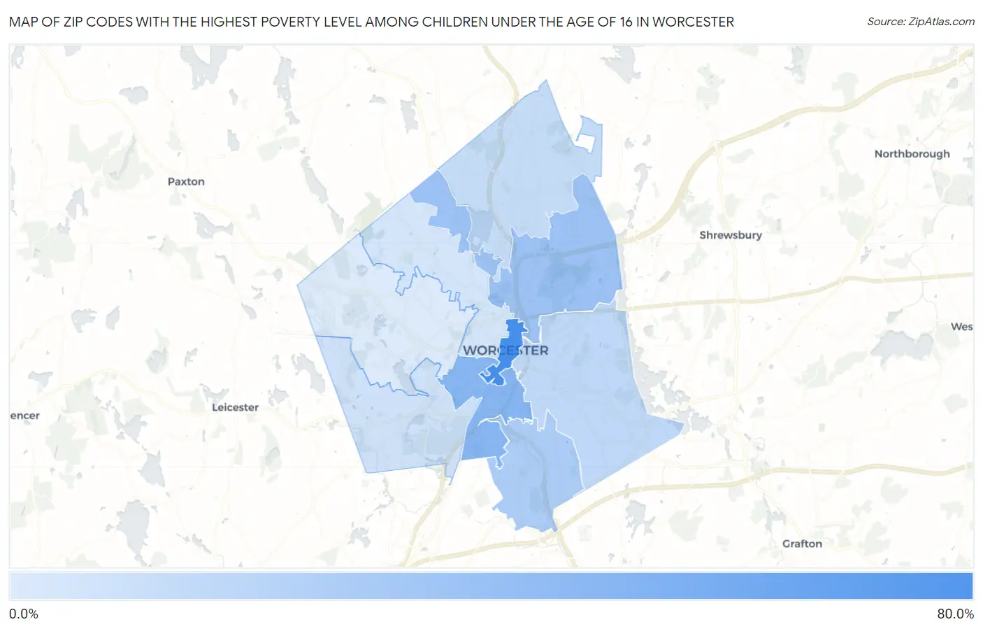 Zip Codes with the Highest Poverty Level Among Children Under the Age of 16 in Worcester Map
