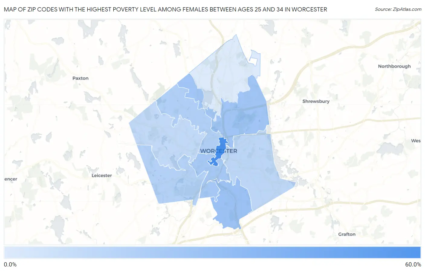 Zip Codes with the Highest Poverty Level Among Females Between Ages 25 and 34 in Worcester Map