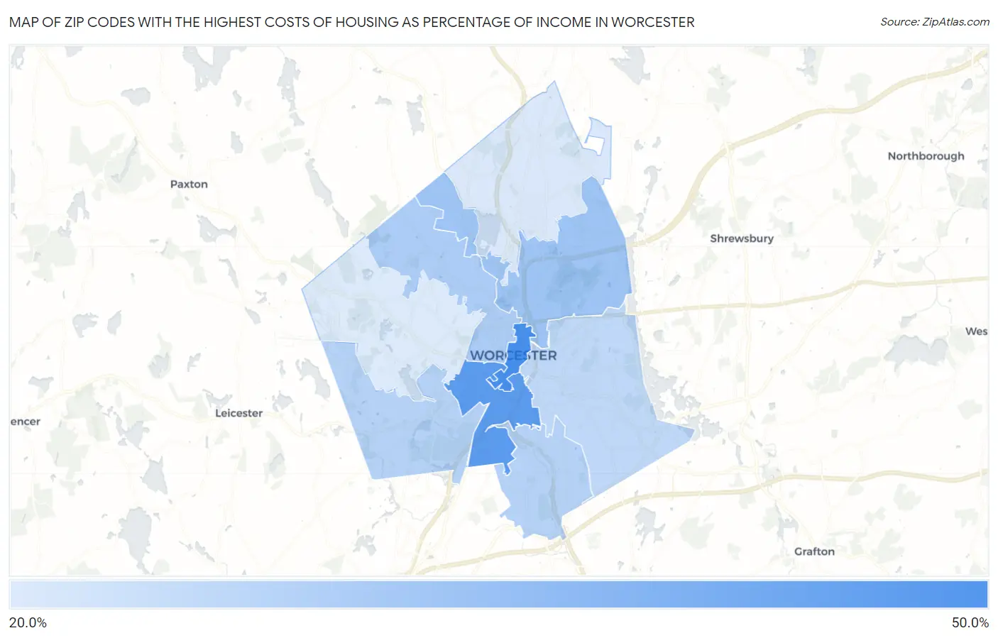 Zip Codes with the Highest Costs of Housing as Percentage of Income in Worcester Map