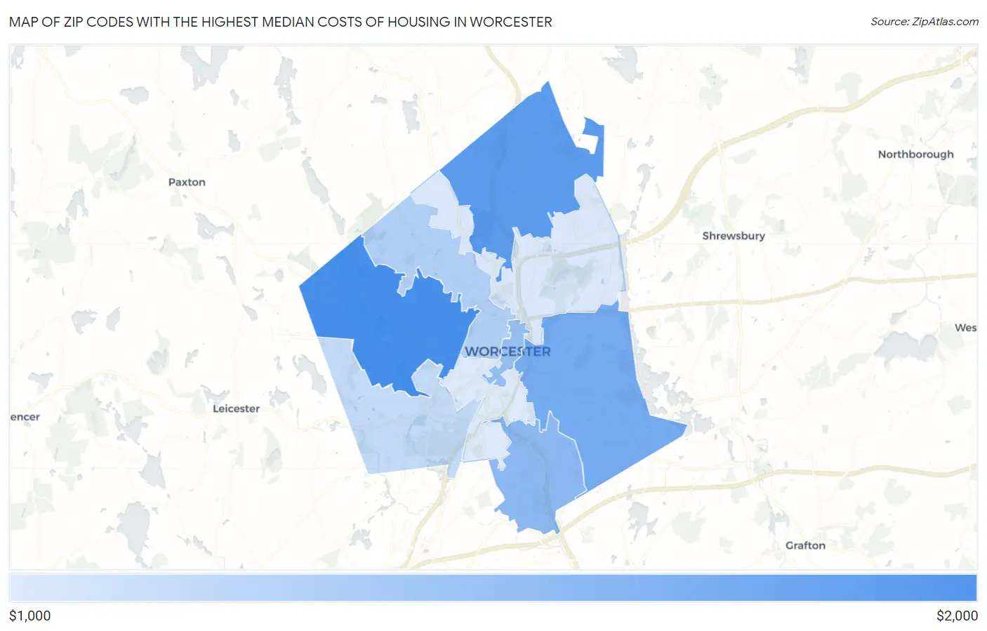 Zip Codes with the Highest Median Costs of Housing in Worcester Map