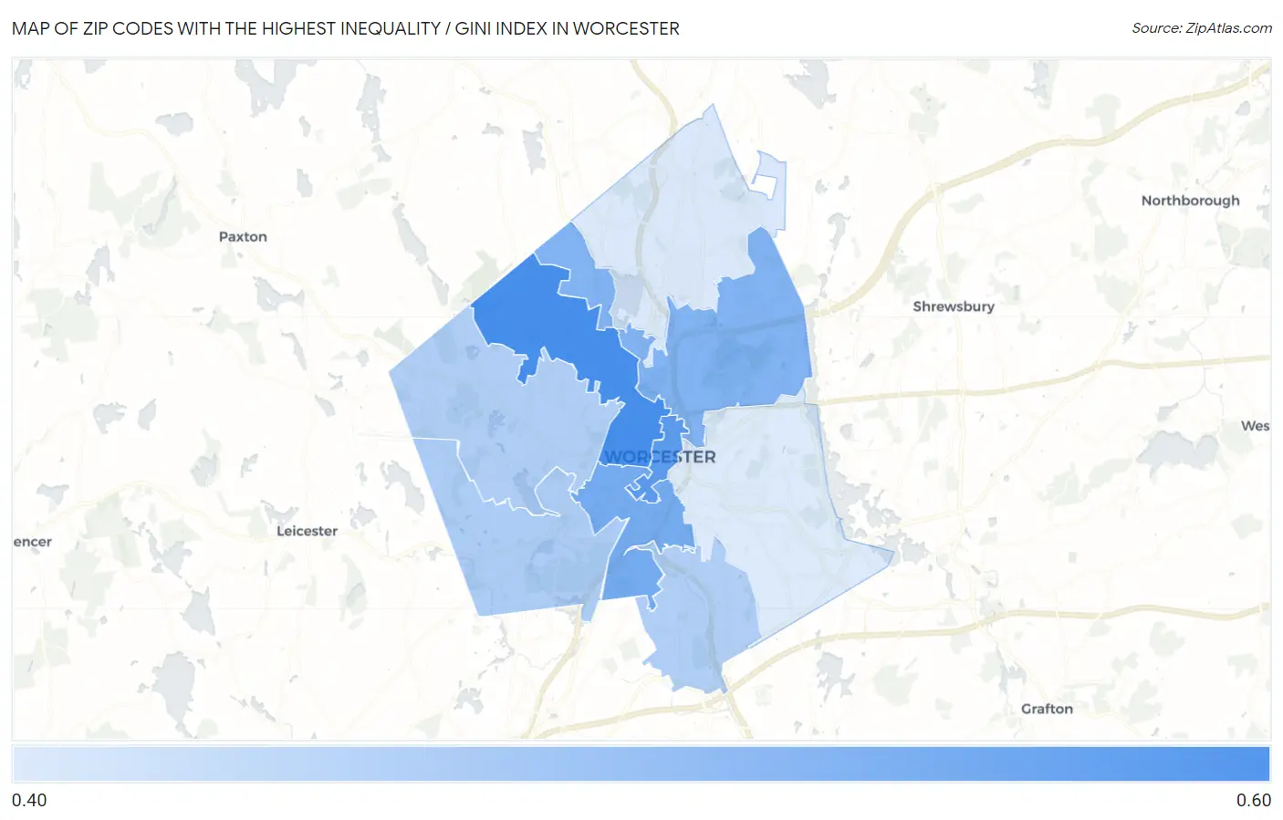 Zip Codes with the Highest Inequality / Gini Index in Worcester Map