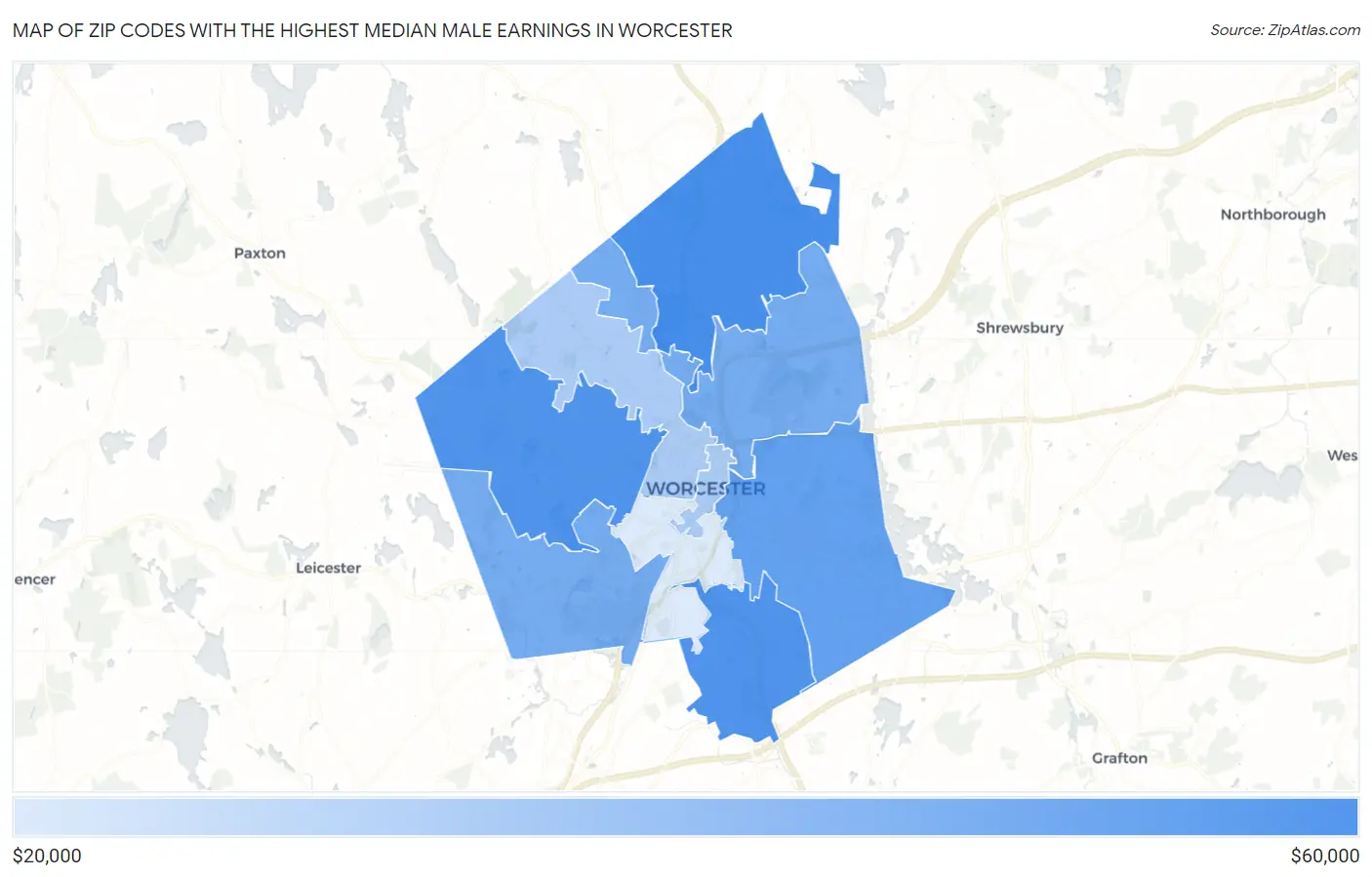 Zip Codes with the Highest Median Male Earnings in Worcester Map