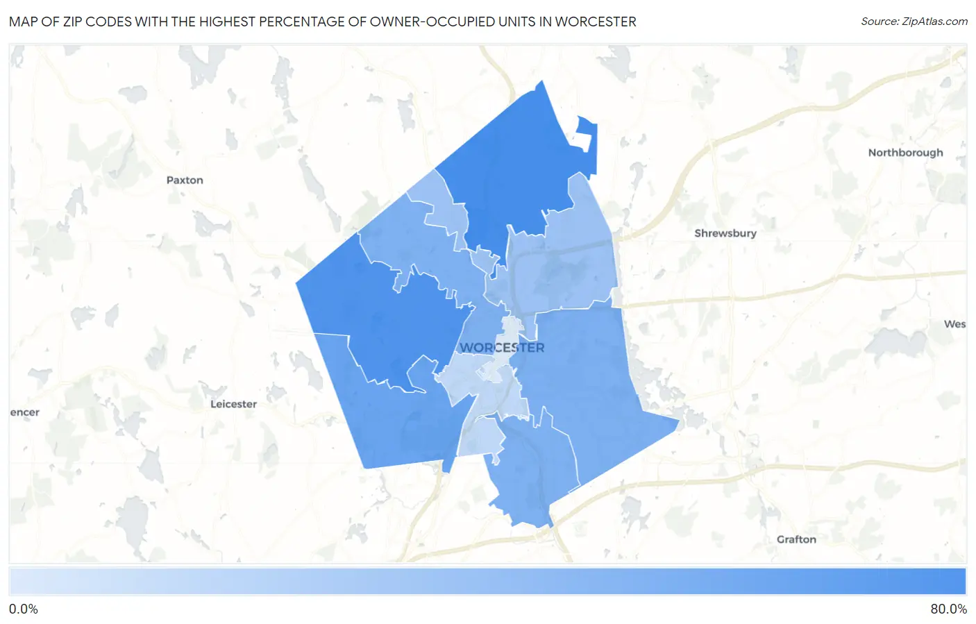 Zip Codes with the Highest Percentage of Owner-Occupied Units in Worcester Map