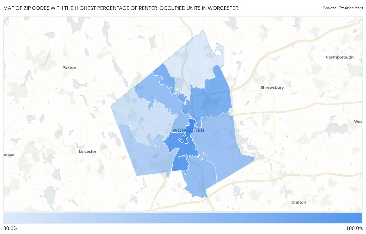 Zip Codes with the Highest Percentage of Renter-Occupied Units in Worcester Map
