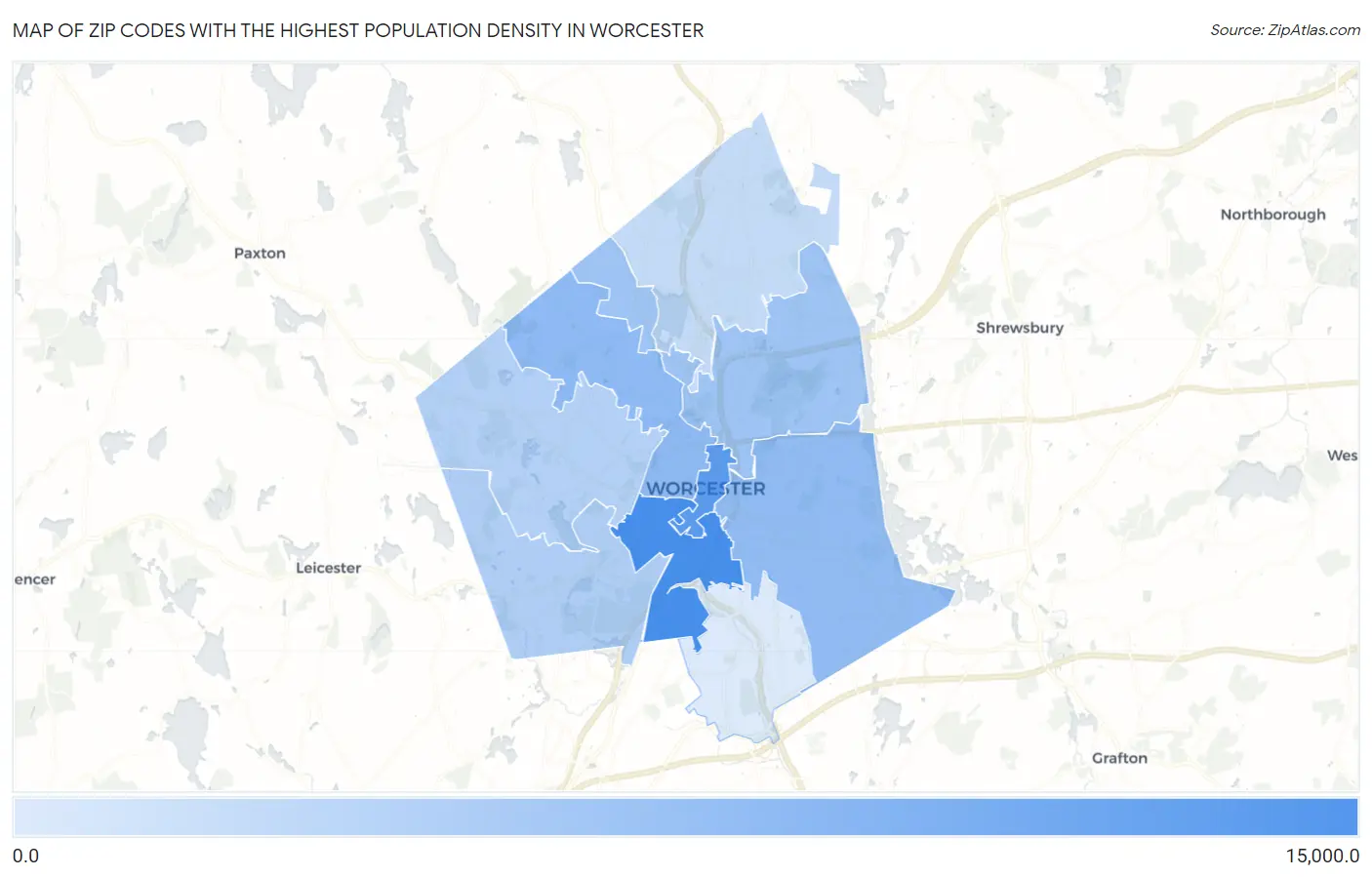 Zip Codes with the Highest Population Density in Worcester Map