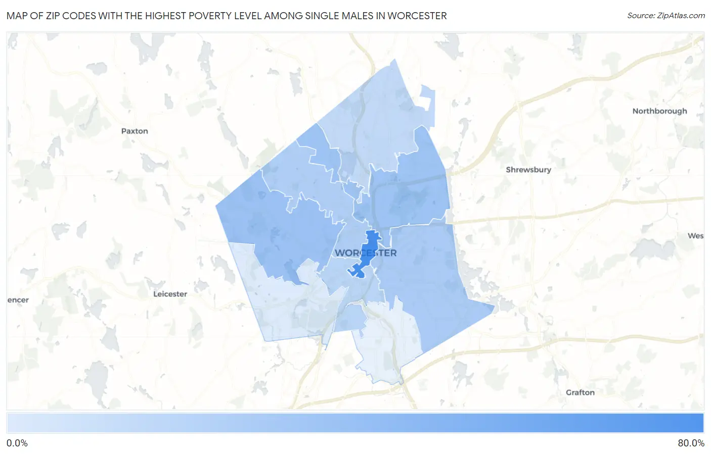 Zip Codes with the Highest Poverty Level Among Single Males in Worcester Map